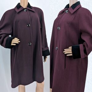 Vintage 1970s Jofeld Wool Coat Plum Swing Velvet Trim Winter Plus Size 1X